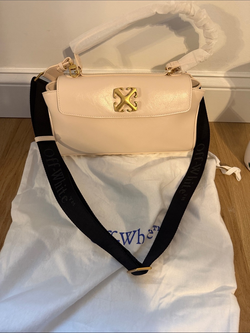 Off-White Cream Leather Shoulder Bag with Black Strap and Gold Logo